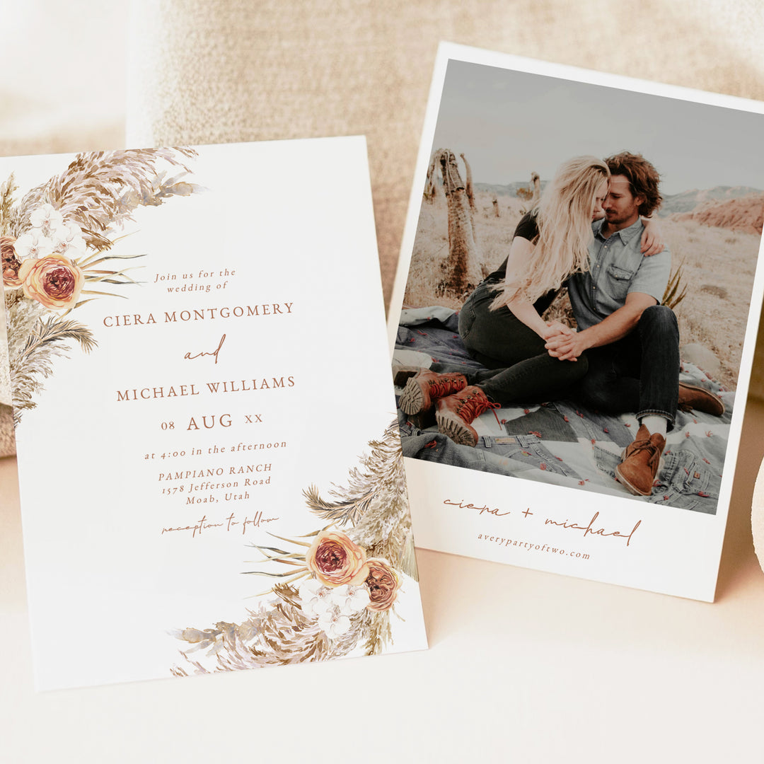 CIERA Rustic Terracotta Wedding Invitation Card with Photo