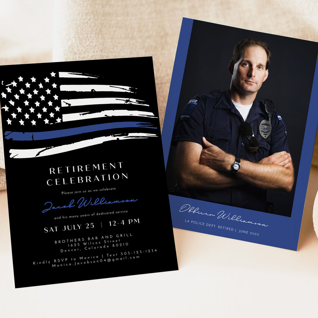 POLICE Retirement Invitation with Thin Blue Line Flag and Photo