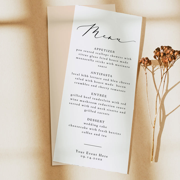 EVELYN Elegant Black and White Wedding Menu Cards