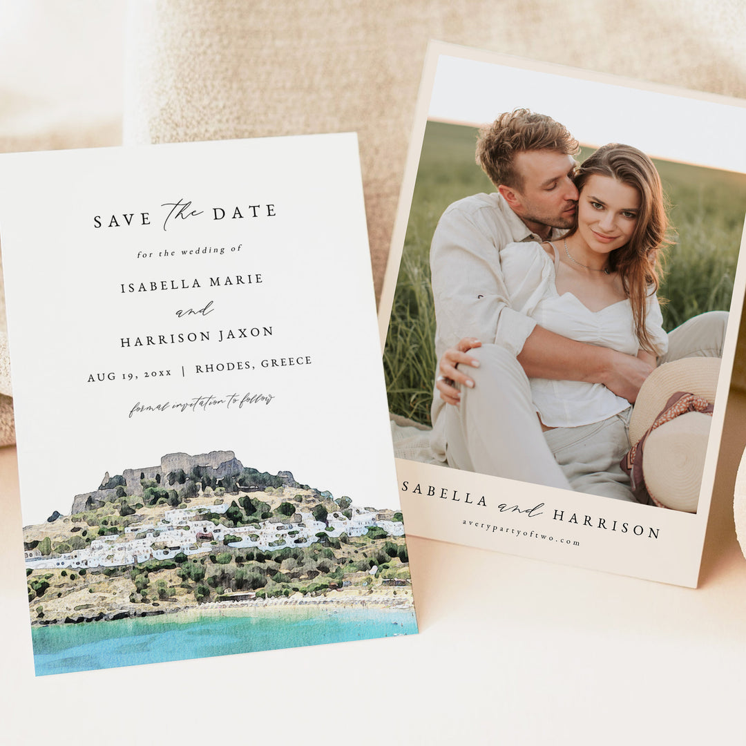 RHODES Coastal Greek Wedding Photo Save the Date Invite