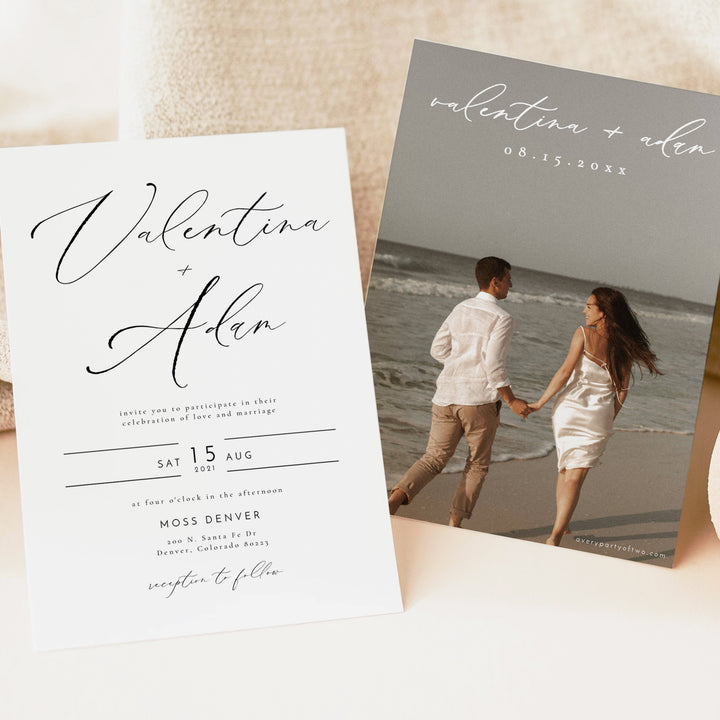VALENTINA Elegant Black and White Wedding Invitation with Photo