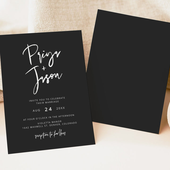 PRIYA Modern Minimalist Black Tie Wedding Invitation