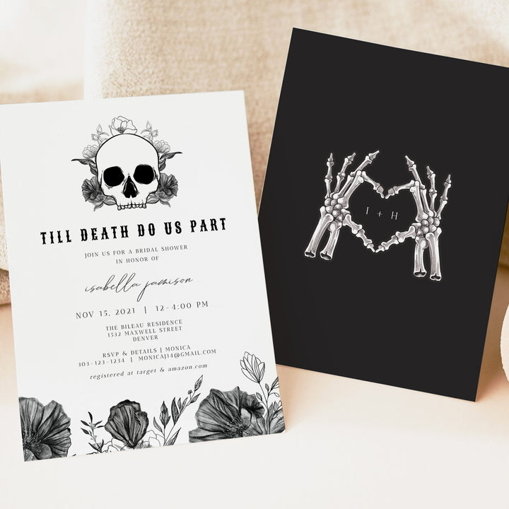 NOVA Black and White Floral Skull Bridal Shower Invitations
