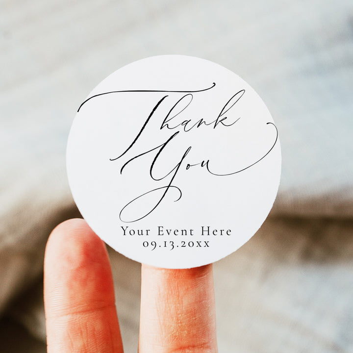 VALENTINA Round Script Black and White Thank You Stickers