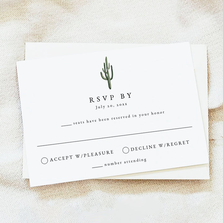 ELEANOR Dark Green Watercolor Cactus Wedding RSVP Card with Envelopes