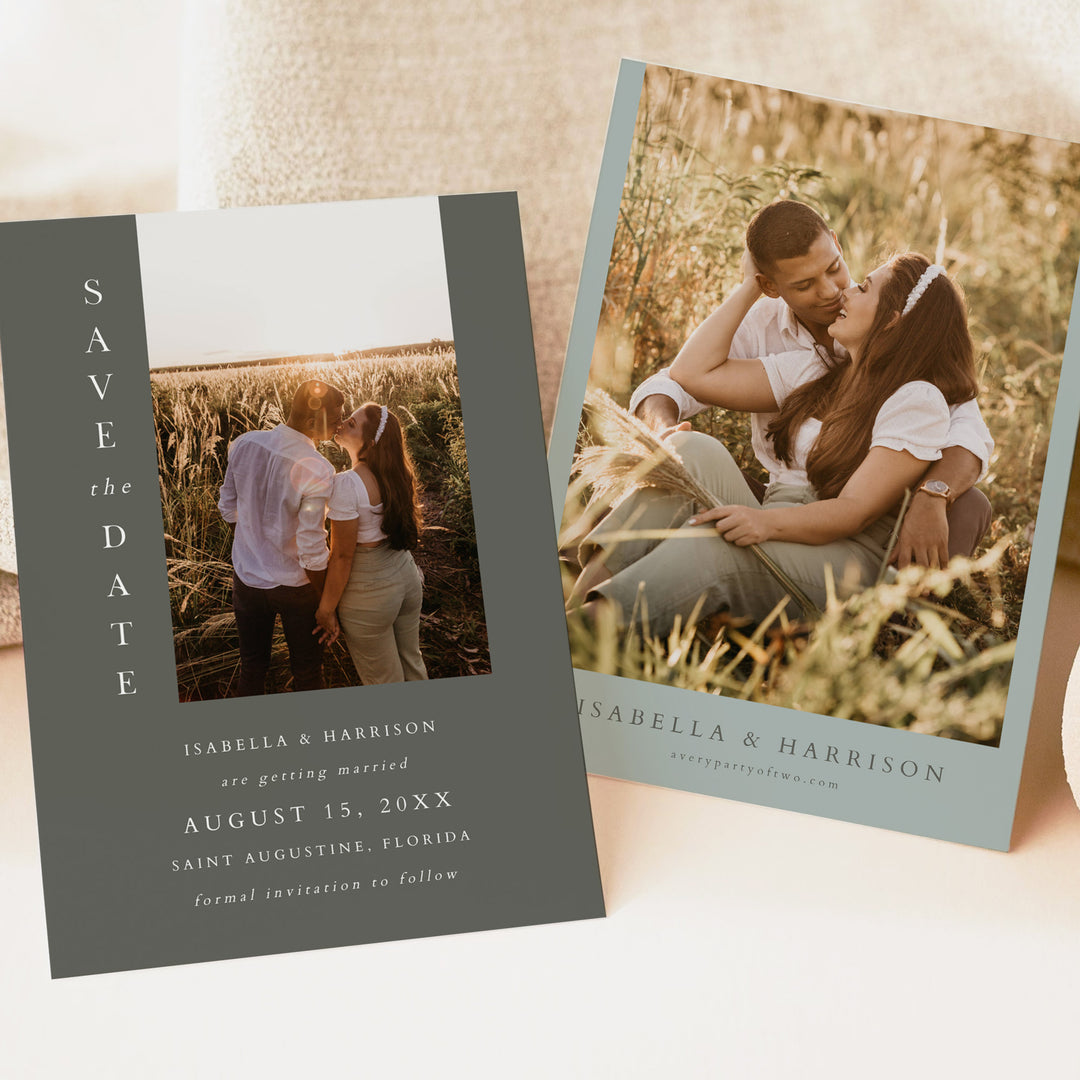 NINA Elegant Olive Green Wedding Save the Date Card with Photos