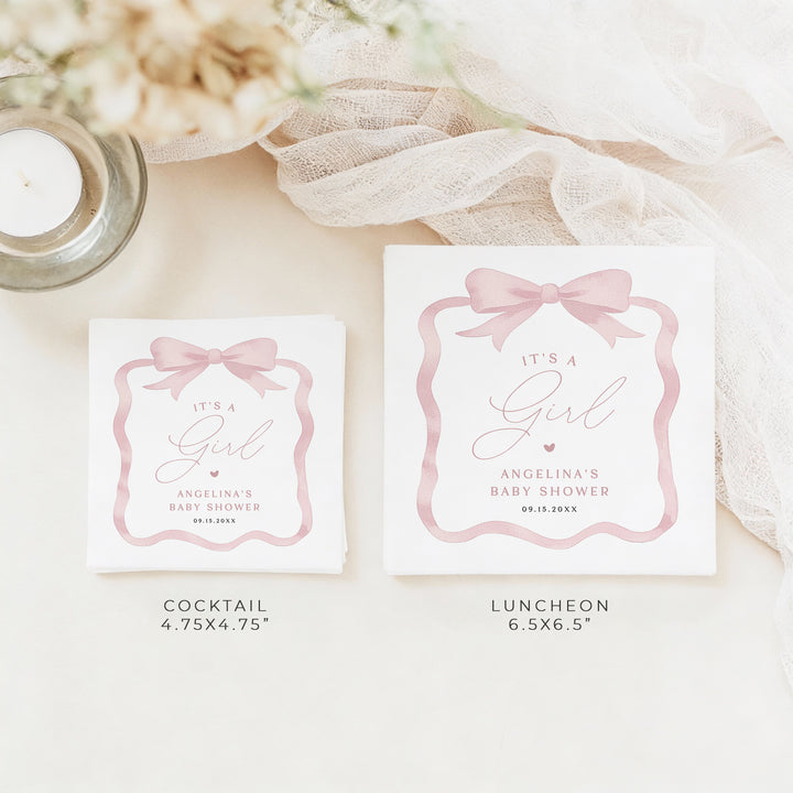 ANGELINA Elegant It's a Girl Pink Bow Baby Shower Napkins