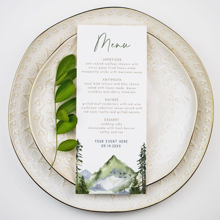FINN Rustic Mountain and Pine Table Menu