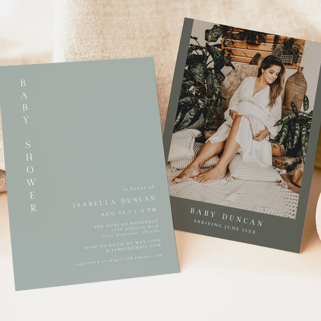 NINA Minimalist Sage Green Baby Shower Invitation