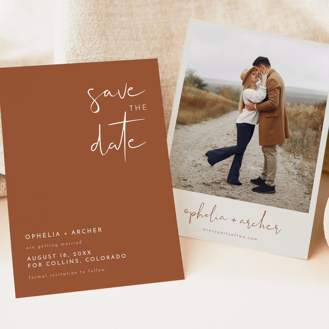 CORIANDER Burnt Orange Minimalist Wedding Save the Date Cards with Photo