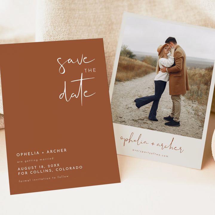 CORIANDER Burnt Orange Minimalist Wedding Save the Date Cards with Photo