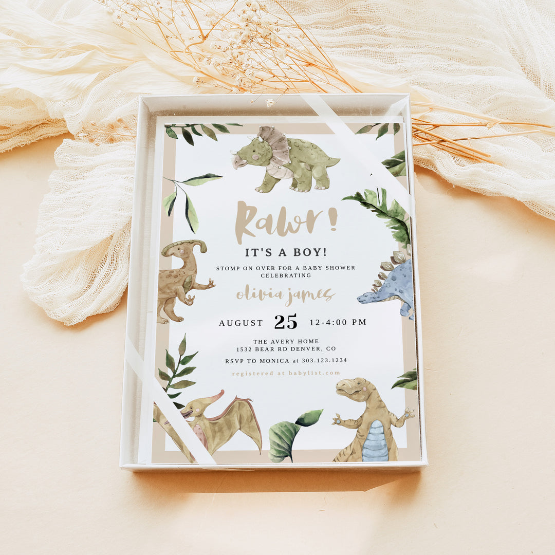 SPIKE Blue and Green Rustic Dinosaur Baby Shower Invitation