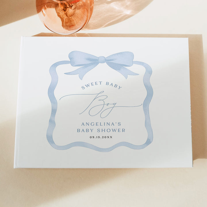 ANGELINA Dusty Blue Bow Boy Baby Shower Guest Book Keepsake
