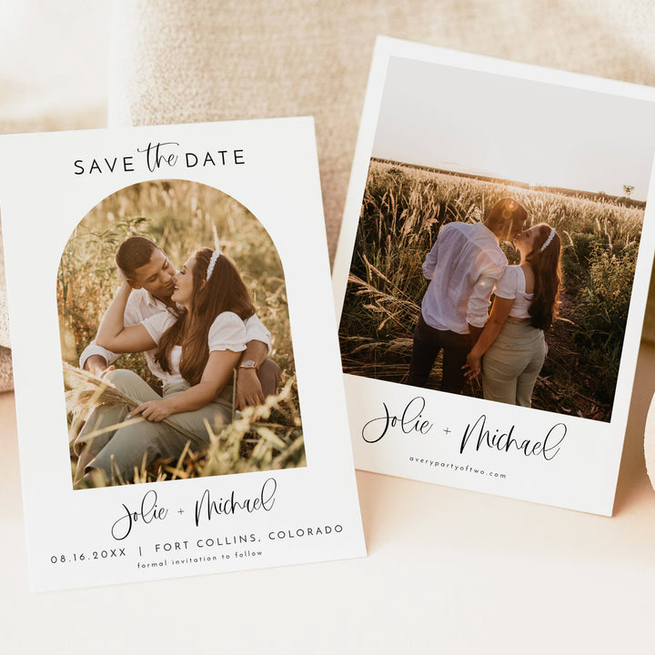 JOLIE Modern Boho Wedding Save the Date Cards with Arched Photo