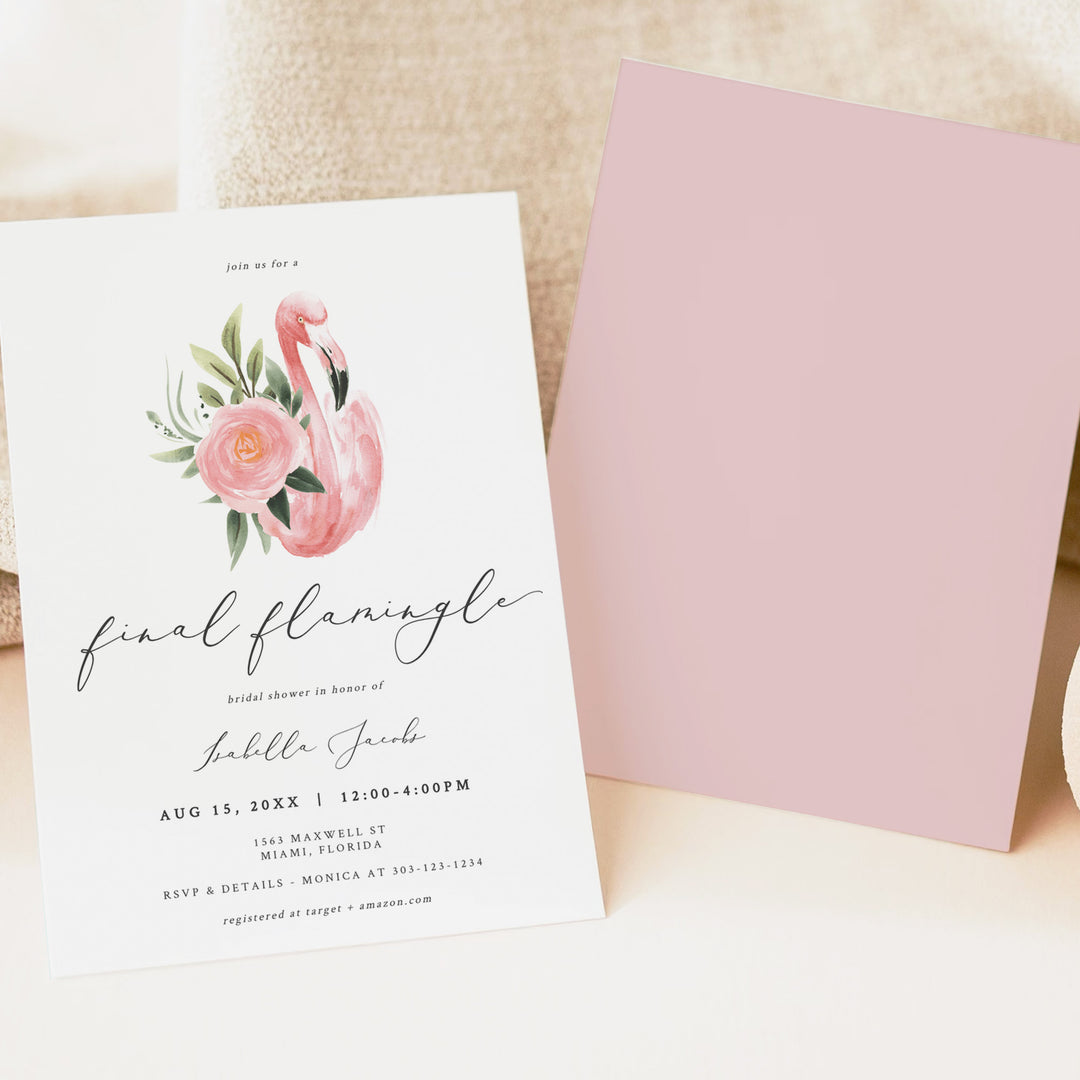KAYA Final Flamingle Tropical Pink Flamingo Bridal Shower Invitation