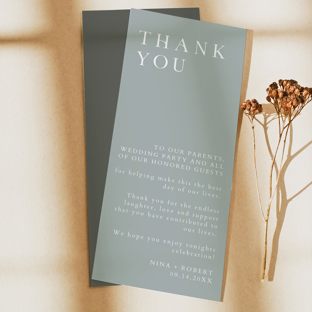NINA Minimalist Sage Green Wedding Table Thank You Cards