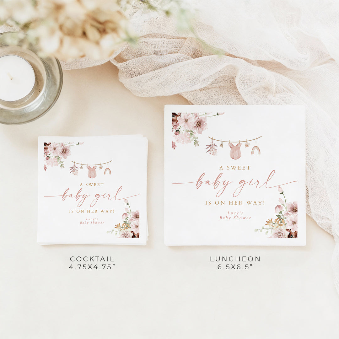 LUCY Personalized Pink Clothesline Boho Baby Shower Napkins