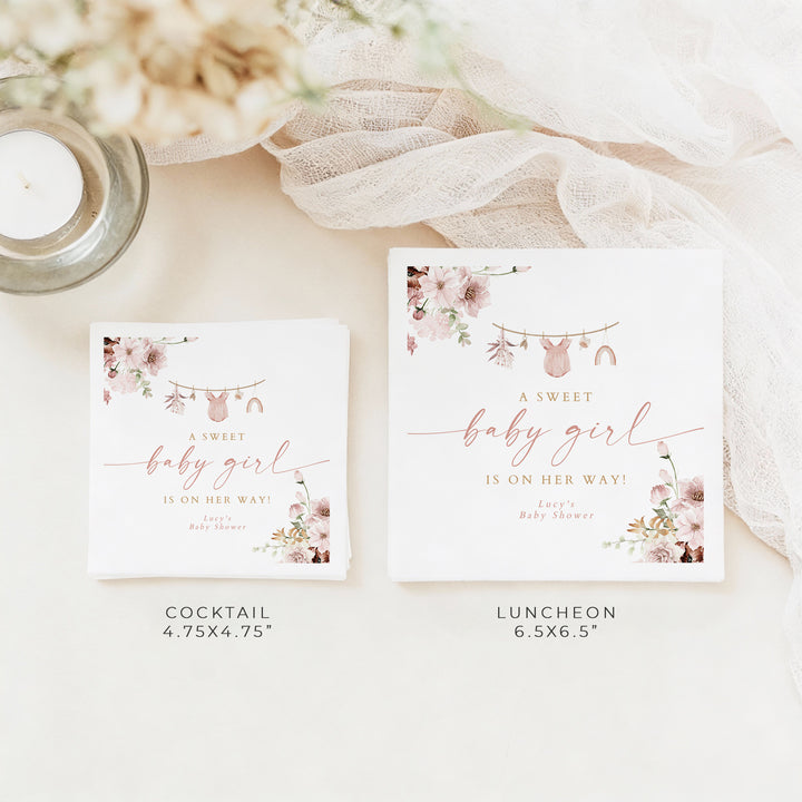 LUCY Personalized Pink Clothesline Boho Baby Shower Napkins