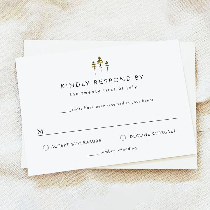 JENNA Simple Pine Tree Wedding RSVP Card with Envelopes