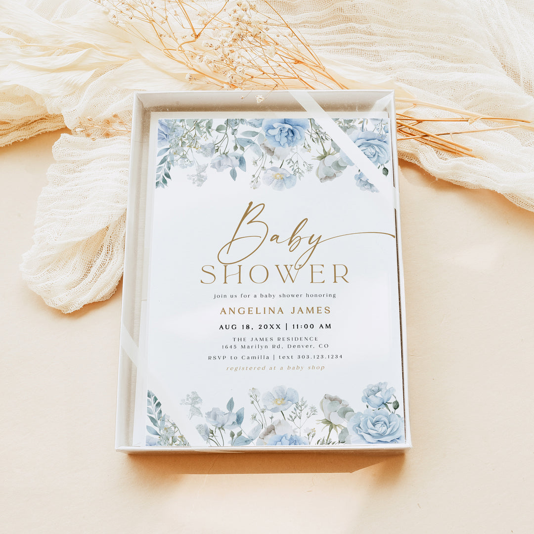 FLEUR Elegant Blue Floral Brunch Baby Shower Invitation