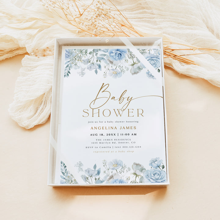 FLEUR Elegant Blue Floral Brunch Baby Shower Invitation