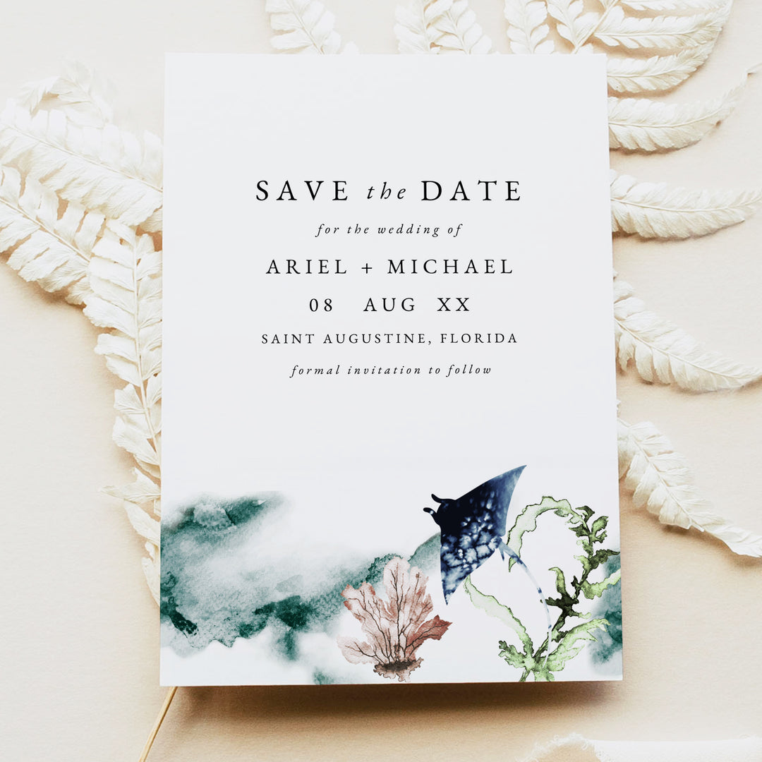 ARIEL Tropical Watercolor Ocean Manta Ray Save the Date Printed or Instant Download