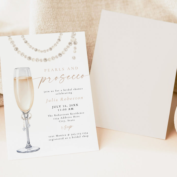 JULIA Pearls and Prosecco Elegant Champagne Bridal Shower Invitation