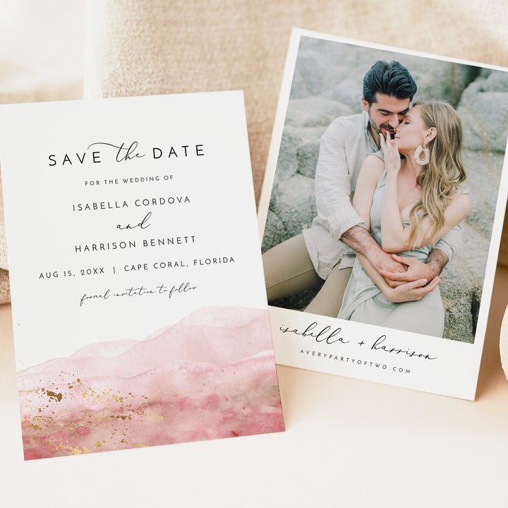 JULIEN Elegant Pink Wedding Save the Date Photo Invitation