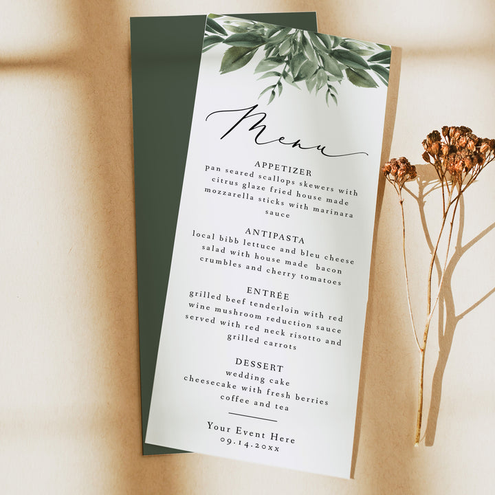 LANA Minimalist Greenery Menu Cards for Elegant Wedding