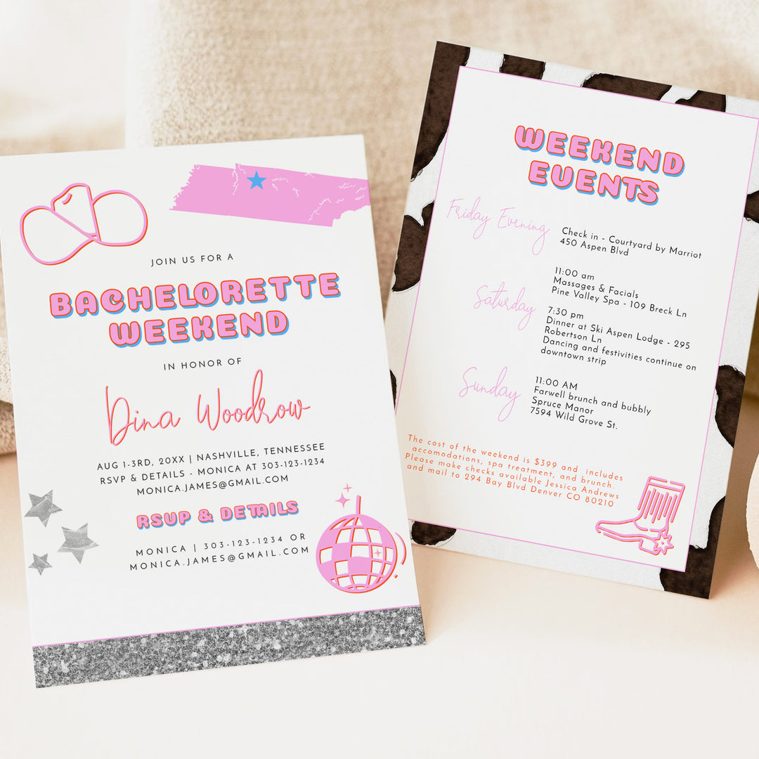 DINA Retro Pink Disco Cowgirl Bachelorette Invitations & Itinerary