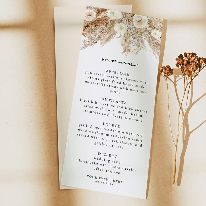 CIERA Bohemian Pampas Cream Boho Floral Menu Cards