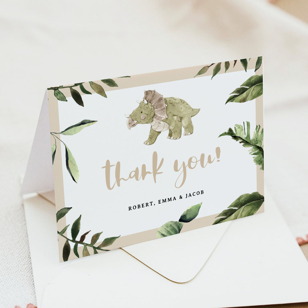 SPIKE Cute Beige and Blue Dinosaur Baby Shower Thank You Cards