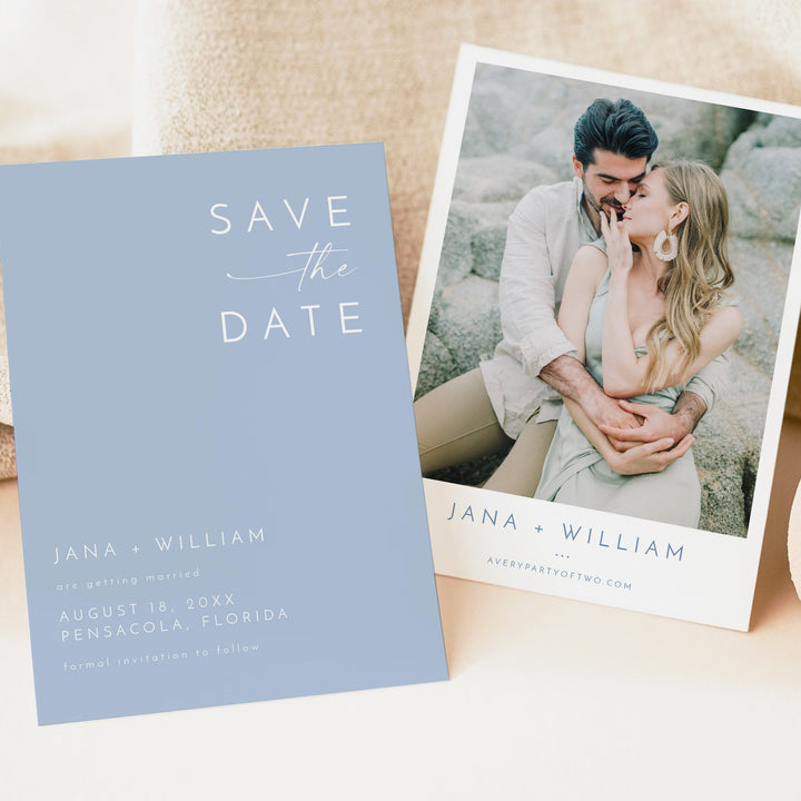 KENNEDY Modern Dusty Blue Wedding Save the Dates with Photo