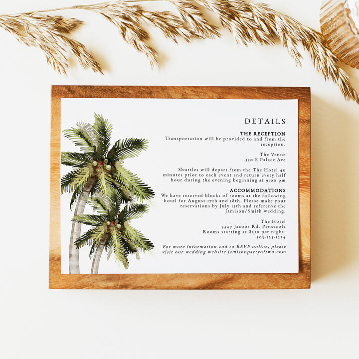 MONA Minimalist Palm Tree Wedding Details Card