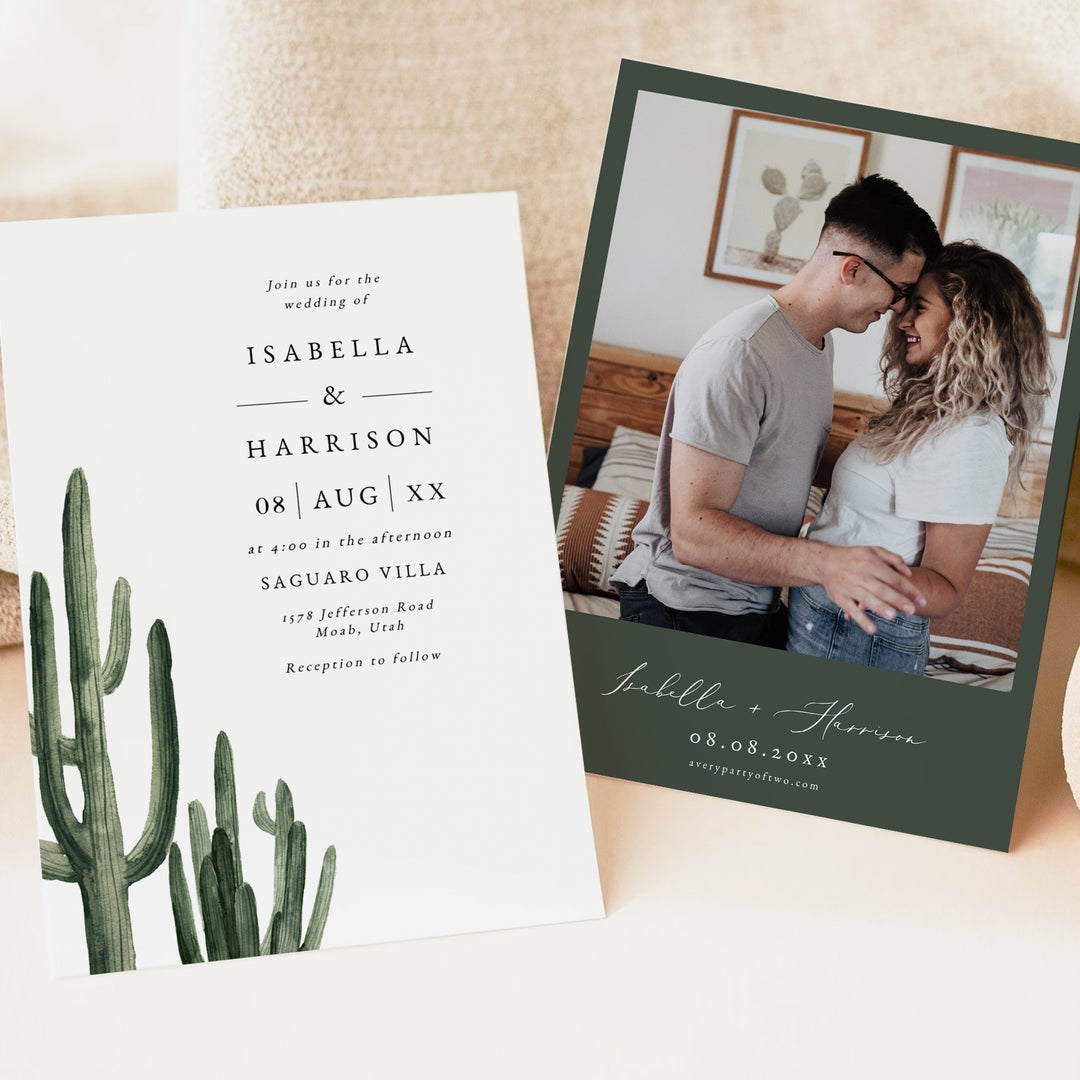 ELEANOR Green Cactus Boho Wedding Invitation Suite with Photo