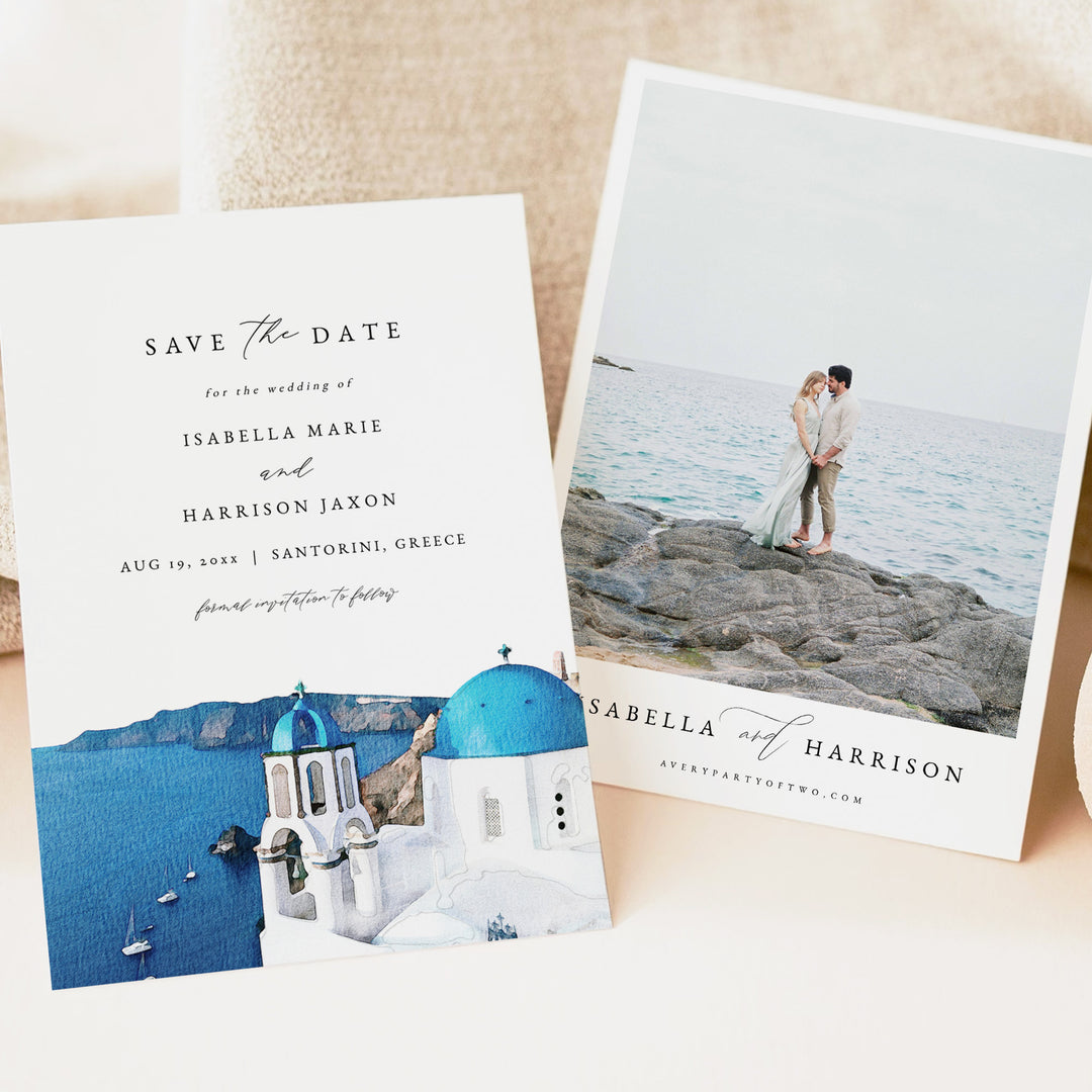 SANTORINI Greece Skyline Save the Date Cards for Greek Wedding