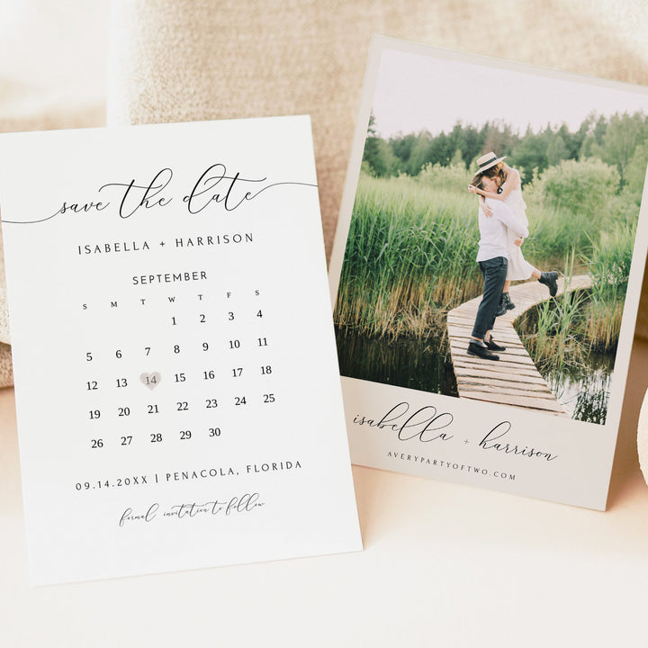 ASHER Minimalist Wedding Save the Date Calendar Invitations with Photo