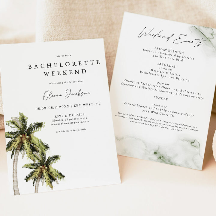 MONA Tropical Beach Bachelorette Invitation & Weekend Itinerary