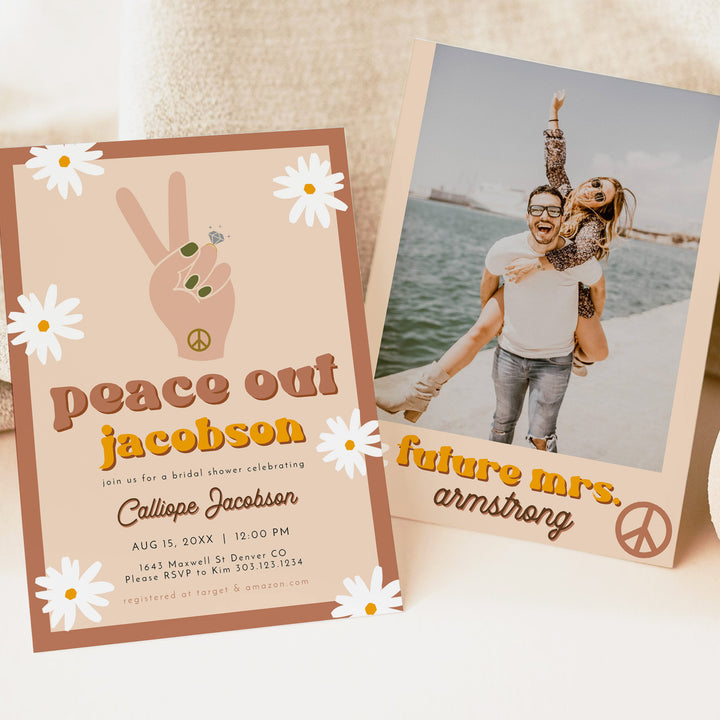 STEVIE Peace Out Retro Hippie Bridal Shower Invitation with Photo
