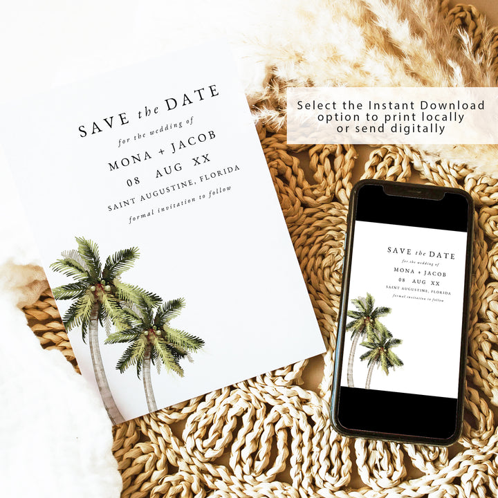 MONA Modern Minimalist Tropical Palm Tree Save the Date Printed or Instant Download