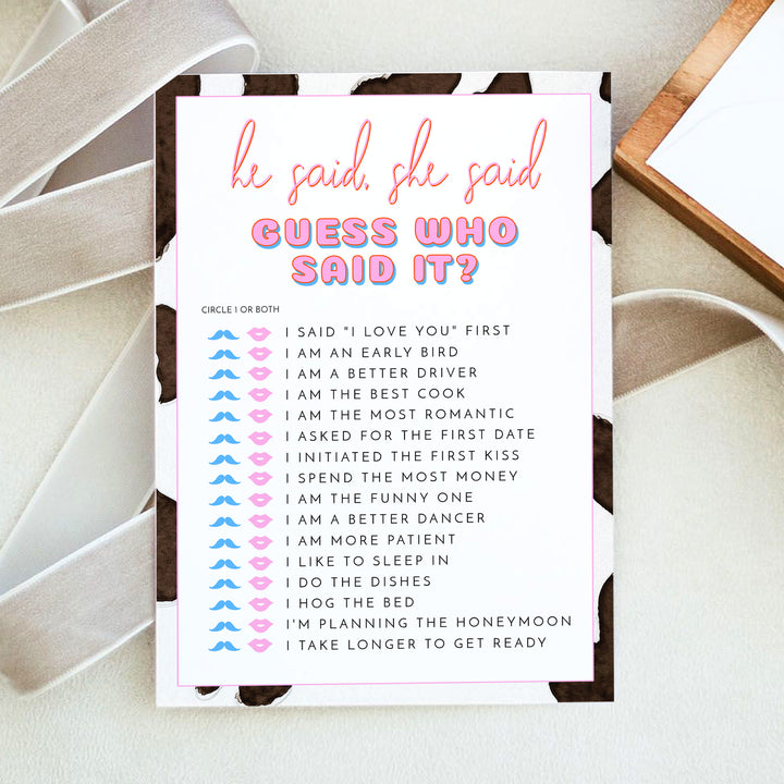 DINA He Said She Said Western Bridal Shower Game Cards