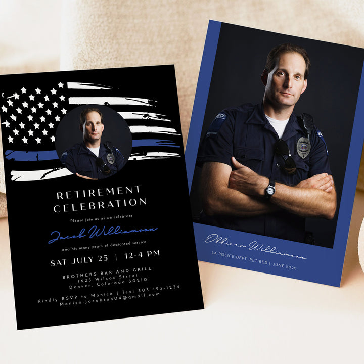 POLICE Tribute Photo Retirement Invitations with Thin Blue Line Flag