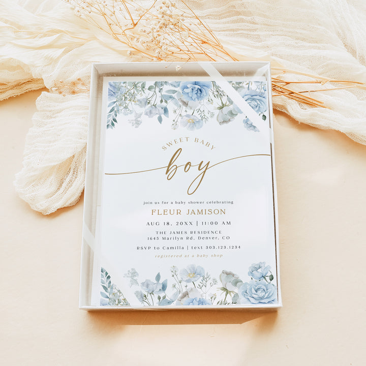 FLEUR Sweet Baby Boy Blue Floral Baby Shower Invitation