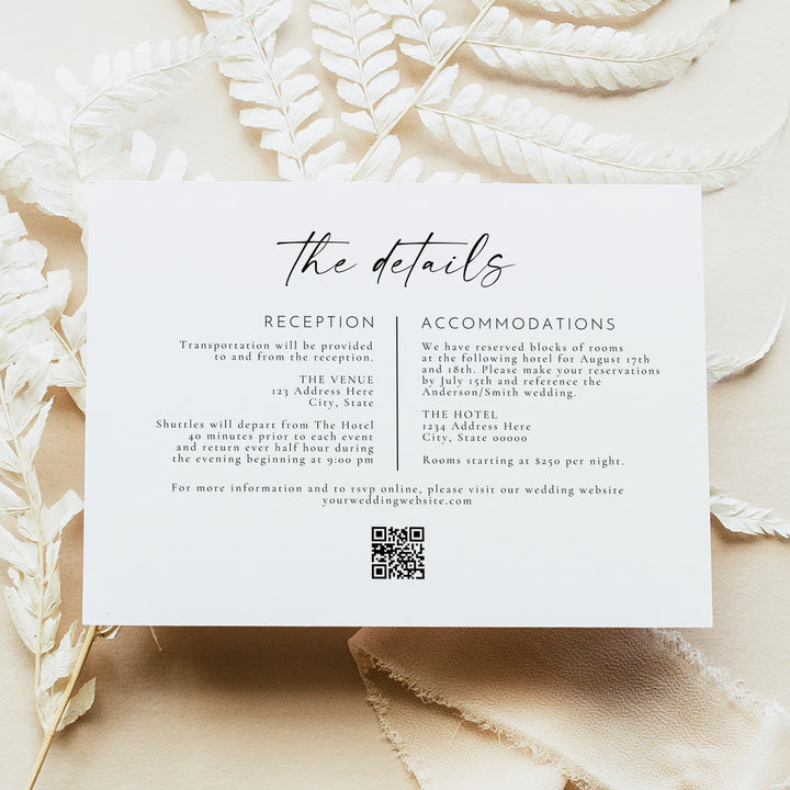 BLAIR Modern Minimalist Boho Wedding Details Card Printed or Instant Download