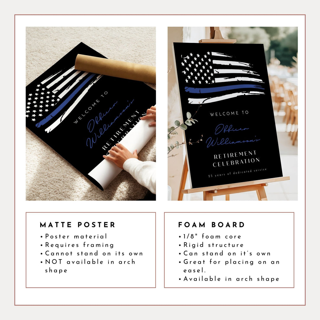 POLICE Black Retirement Party Sign with Thin Blue Line Police Flag