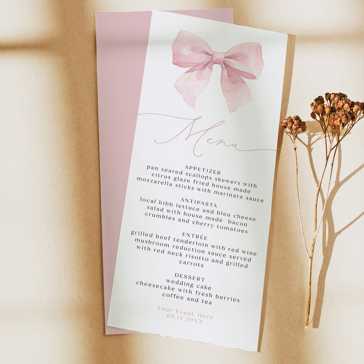ANGELINA Feminine Blush Pink Bow Menu Cards
