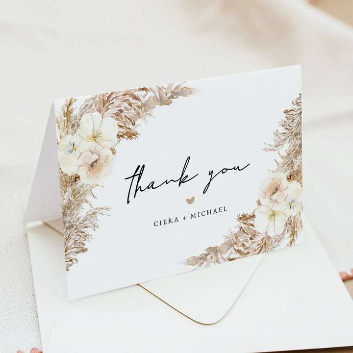 CIERA Pampas and Cream Floral Wedding Thank You Card Personalized