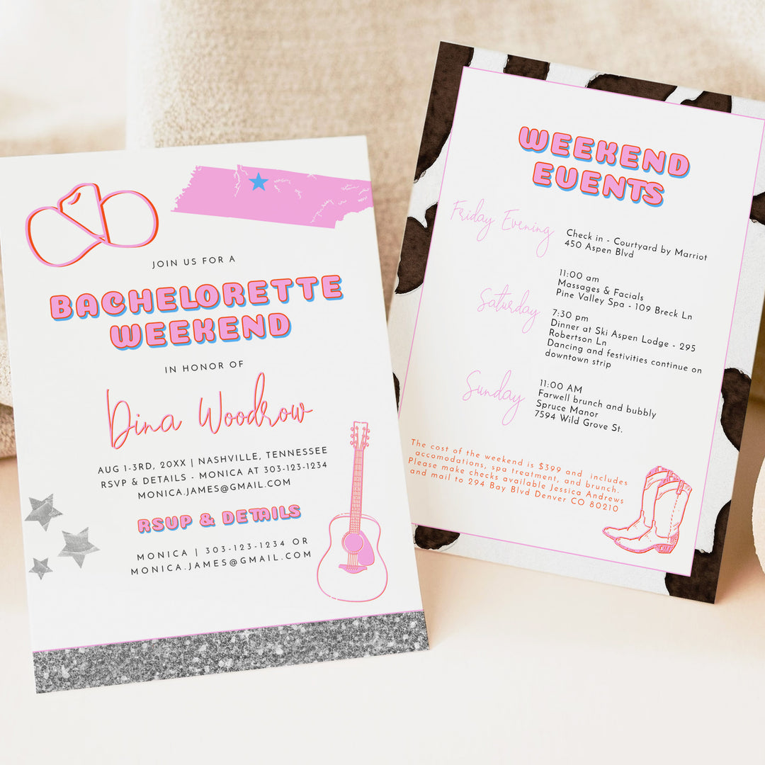 DINA Retro Western Nashville Bride Bachelorette Invite & Itinerary