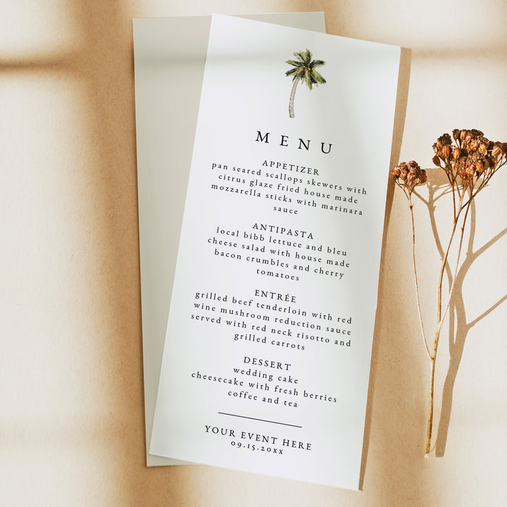MONA Minimalist Palm Tree Destination Beach Menu Cards