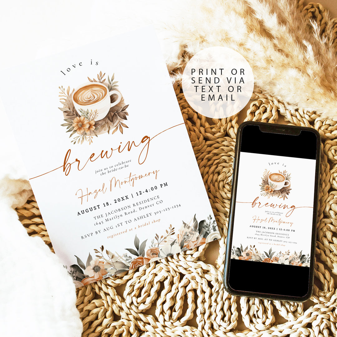 HAZEL Love is Brewing Coffee Bridal Shower Invitation Template